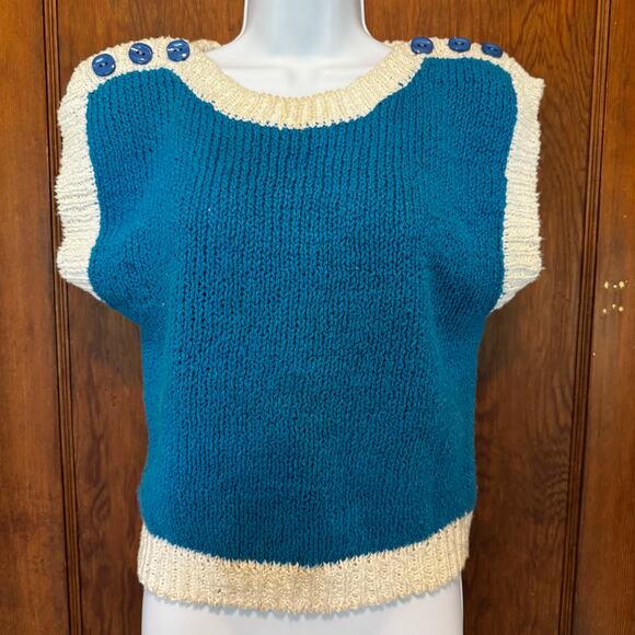 Vintage Renee Tener for‎ Jeanne Pierre Blue White Knit Sleeveless Sweater S 80s - Picture 1 of 7